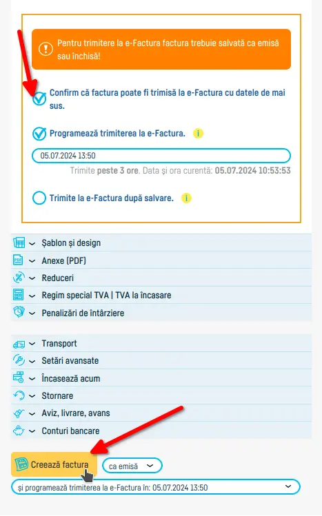 Cum setezi o serie de facturi să transmită e-Factura - pasul 5